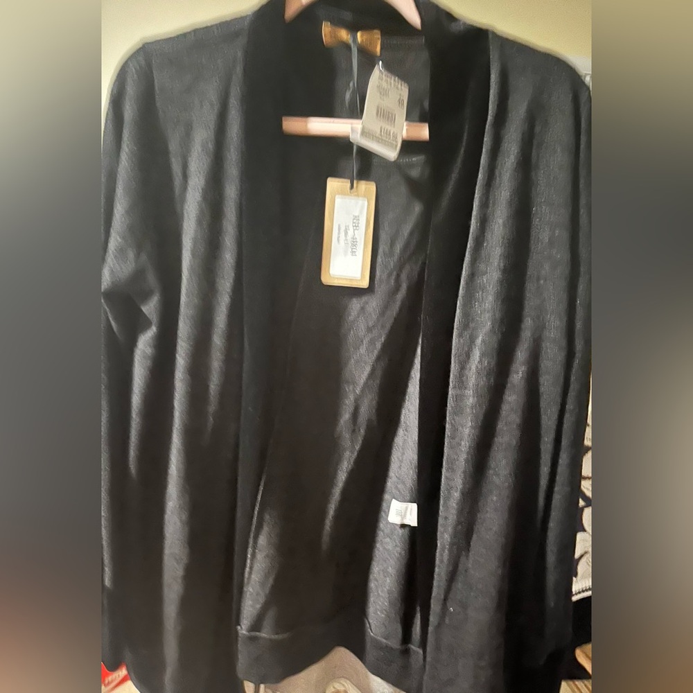 Club Voltaire Black Open Front Cardigan with Velvet Trim